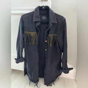American Bazi Trademark Black Denim Gold Fringe Jacket